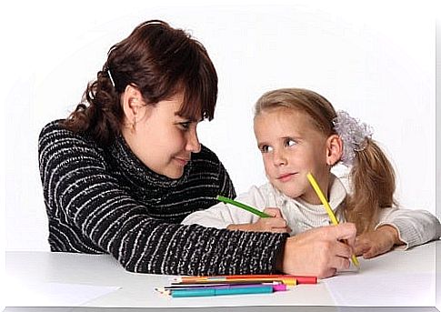 Mother and daughter write.