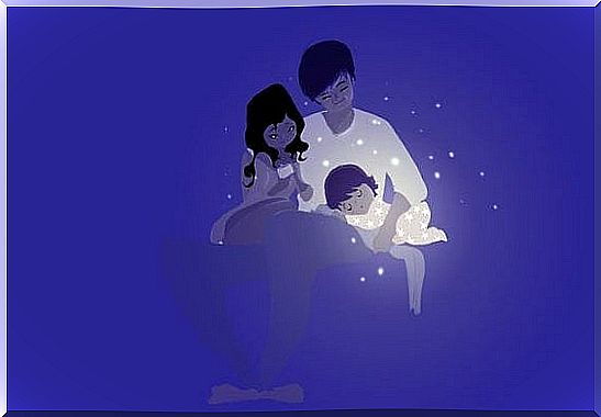 Drawing of mom, dad and baby sleeping in their arms